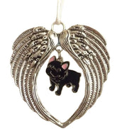Antiqued metal angel wings ornament with satin cord