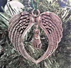 Antiqued silvertone bunny rabbit charm between angel wings