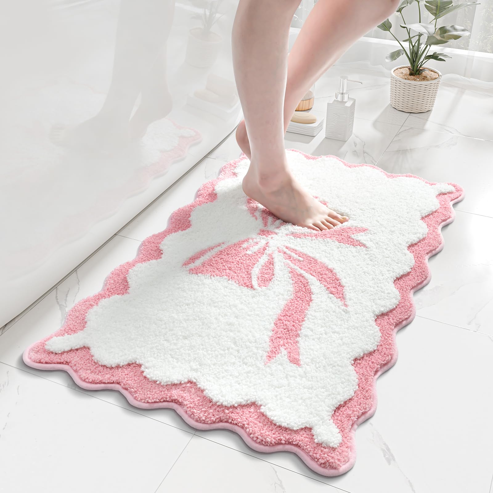 Anybar Bow Bath Mat pink scalloped design 18x25 inch