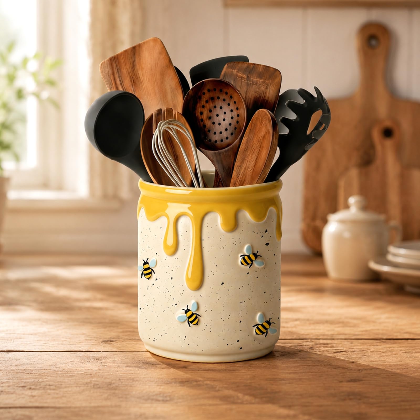 AnyDesign Bee Ceramic Utensil Holder on a kitchen counter