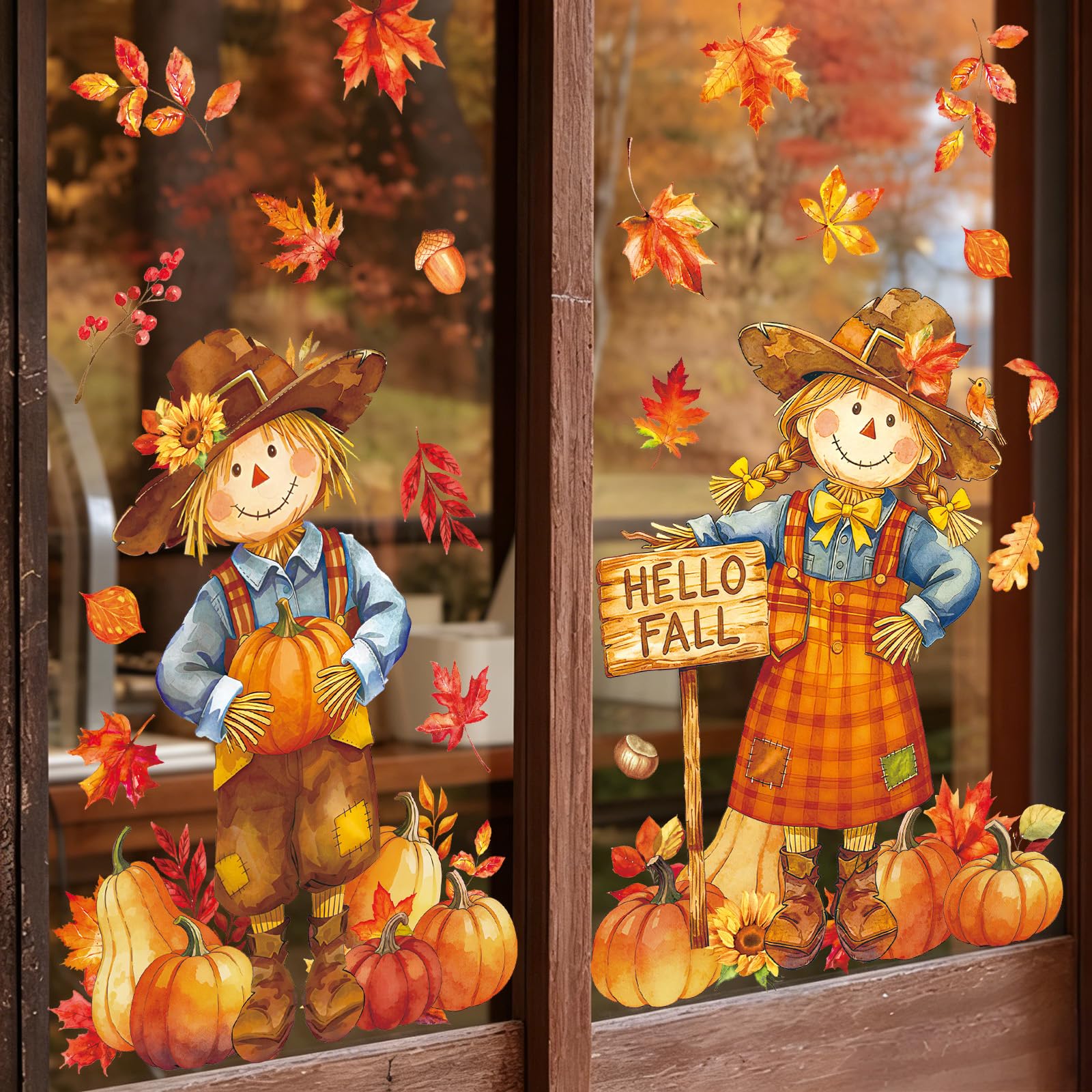 AnyDesign fall Thanksgiving window cling with scarecrow pumpkin design