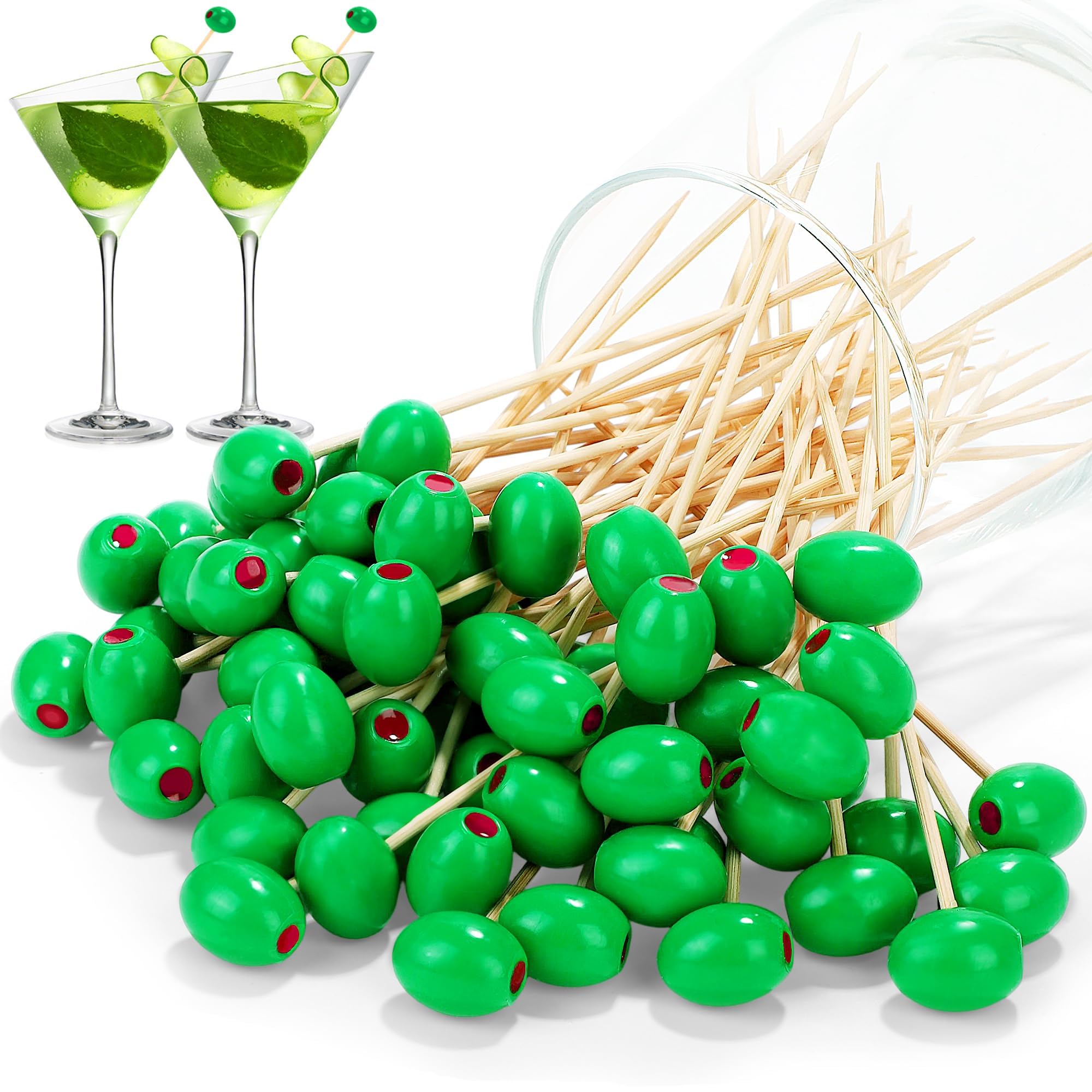 Aodaer 100 Piece 3D Olive Cocktail Picks bamboo with olive ball topper