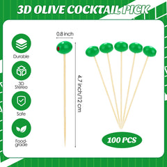 3D olive ball topper on bamboo cocktail pick for garnishes