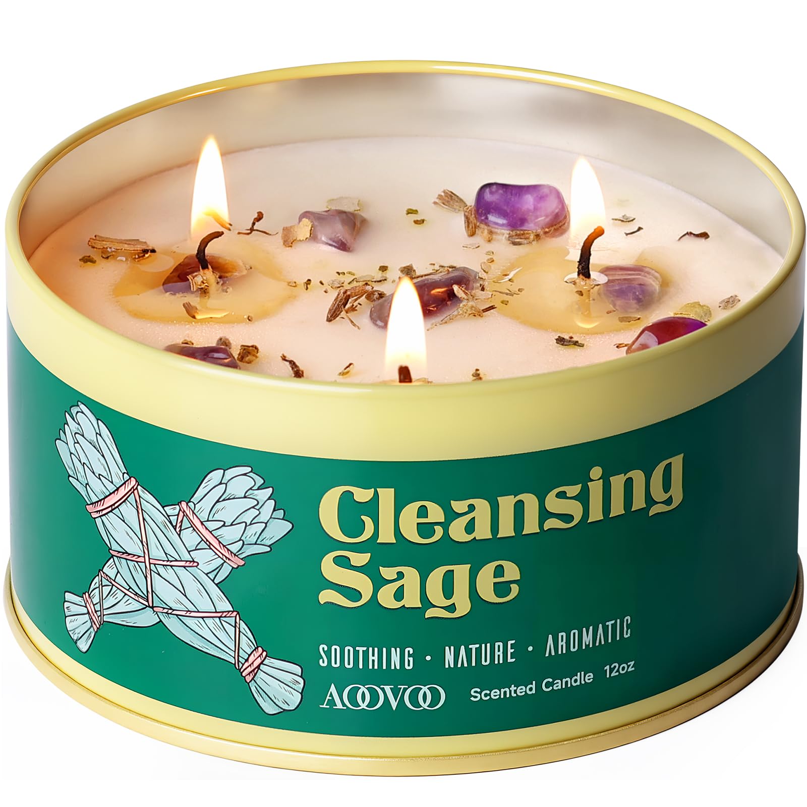 AOOVOO Sage Candle for Cleansing 3 Wick 12oz with crystals inside