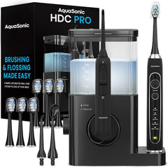 AquaSonic Home Dental Center PRO countertop setup with Black Series Pro toothbrush