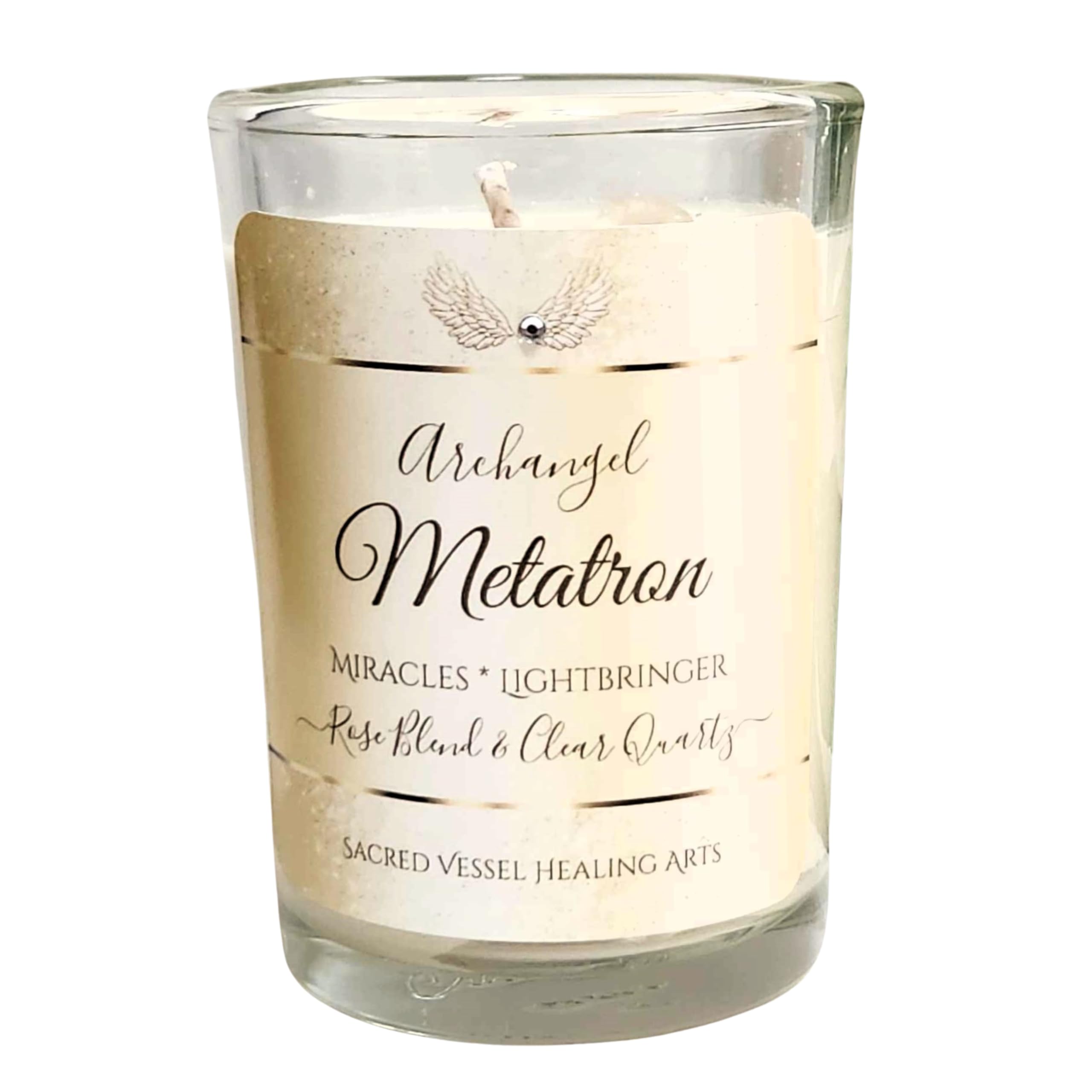 Archangel Metatron 3x4 inch jar candle with Clear Quartz and Rose Oil