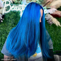 Poseidon blue semi-permanent color on hair sample