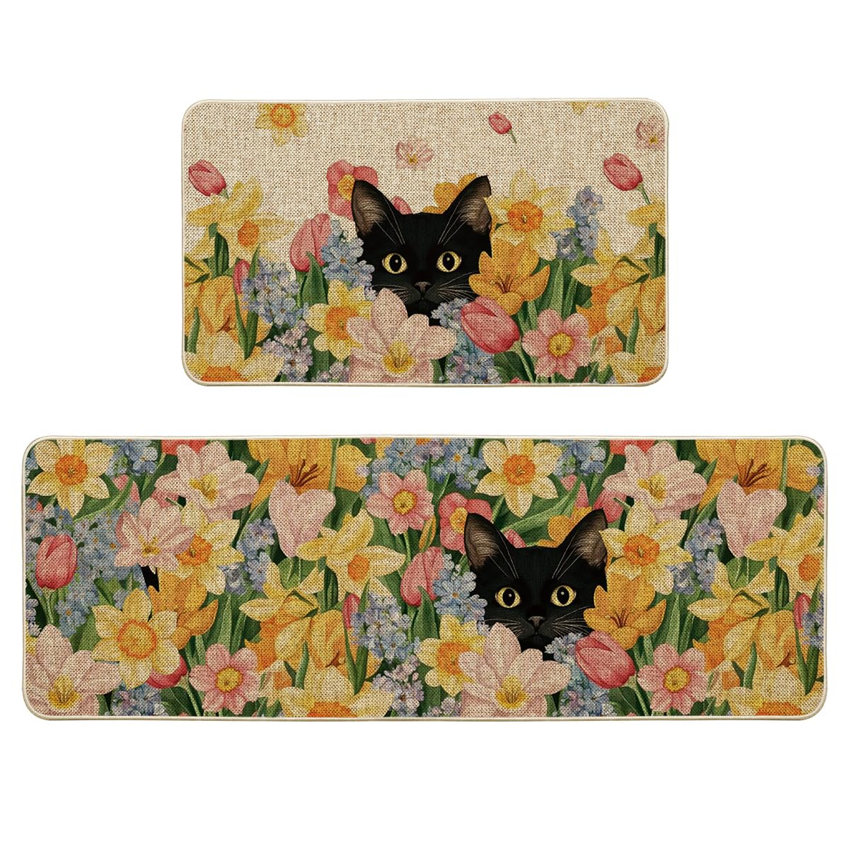 Artoid Mode kitchen mats set of 2 with black cat floral pattern