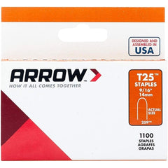 Arrow T25 staples 9/16 in leg 5/16 in crown - image showing packaging and staples