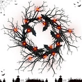 Artificial Halloween Black Branch Wreath with Bats on doorway