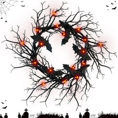Artificial Halloween Black Branch Wreath with Bats on doorway