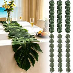 Artificial palm leaves green table runner material close up