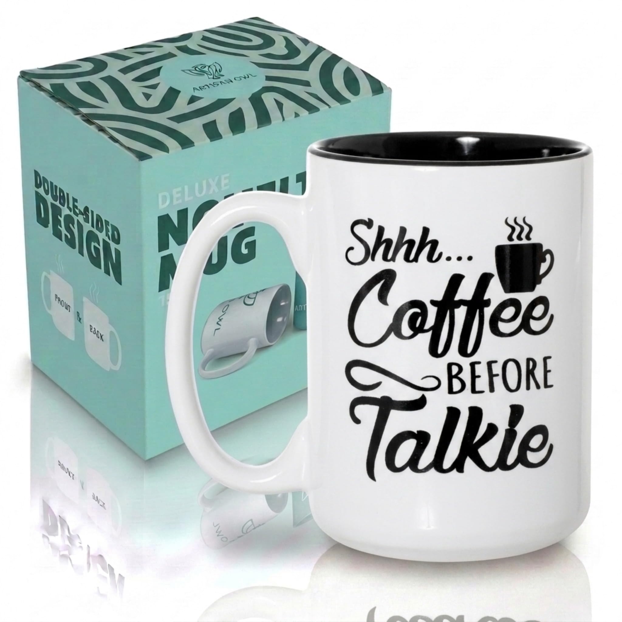 Artisan Owl Shhh Coffee Before Talkie mug 15oz white ceramic front view