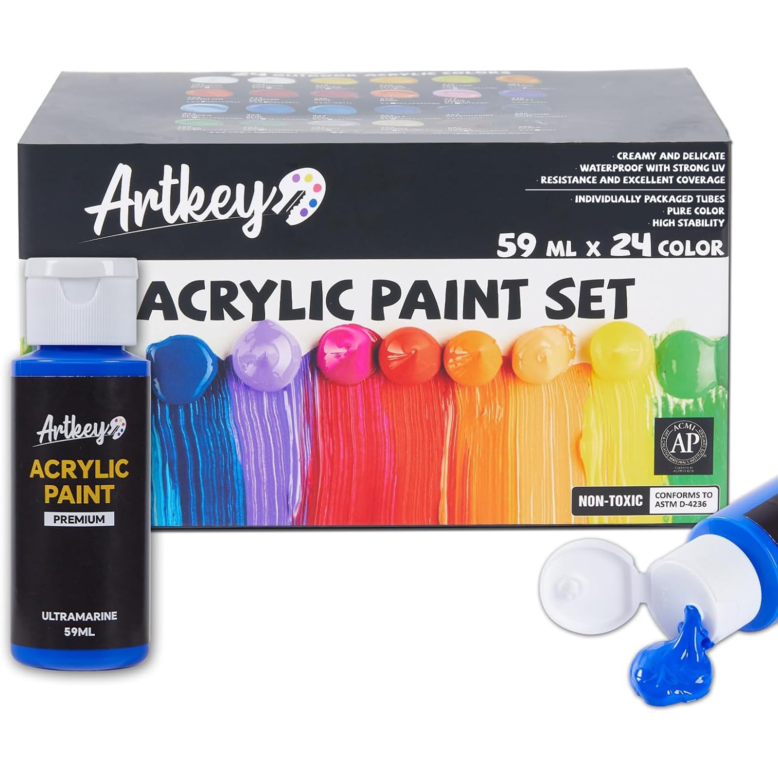 Artkey acrylic paint set product image showing 24 color bottles