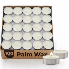 Ashlux white palm wax tea lights measuring 1.5 W by 0.55 H for stable placement