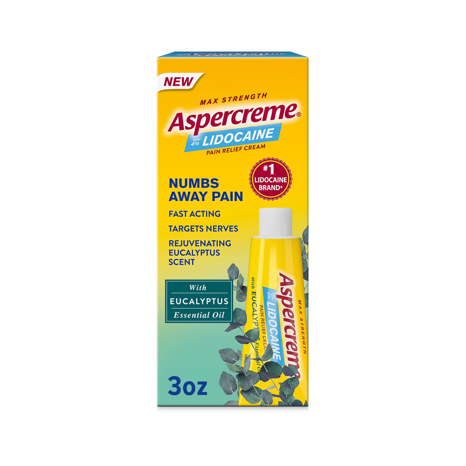 Aspercreme Essential Oils Lidocaine Pain Relief Cream Eucalyptus 3 oz tube