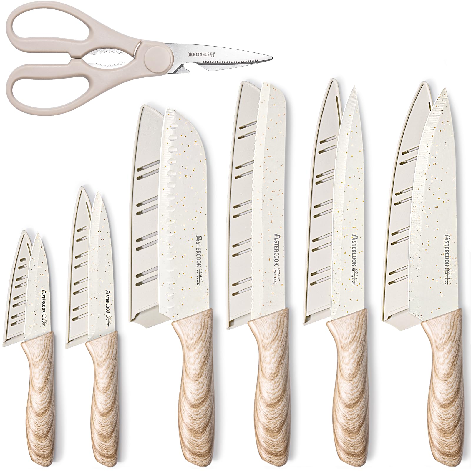 Astercook knife set 13-piece with ceramic coating and plastic wood-patterned handles