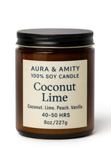 Aura & Amity Coconut Lime Soy Candle frosted glass vessel with wooden lid
