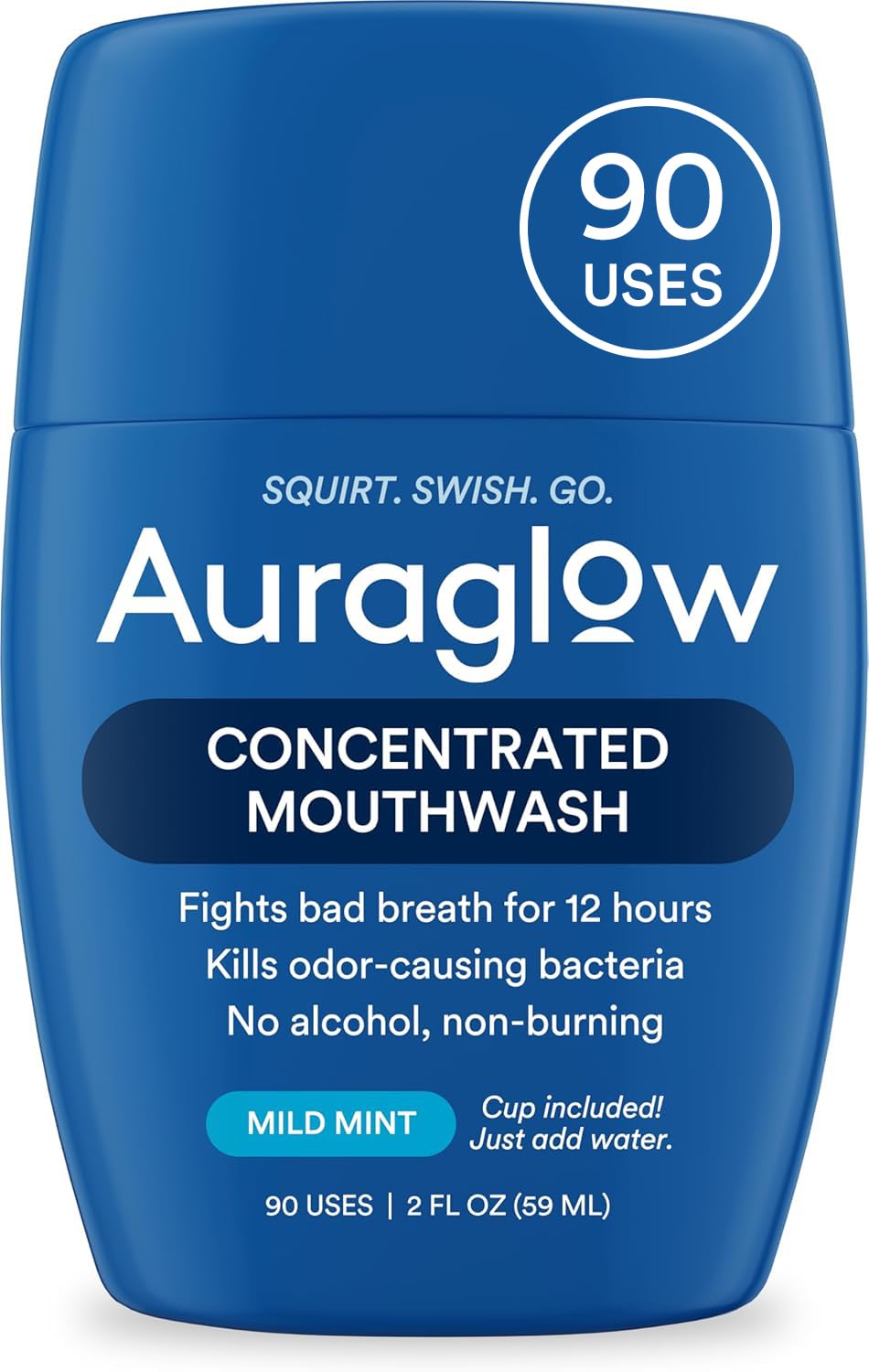 Auraglow Mouthwash Concentrate 90 uses mild mint flavor travel size bottle