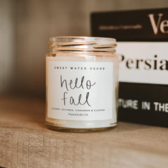 Hello Fall Scent candle packaging and jar