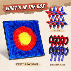 Axe Throwing Target Set with 16 axes arranged for play