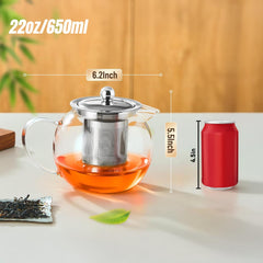 Removable 18/8 stainless steel infuser inside Baalaka glass teapot