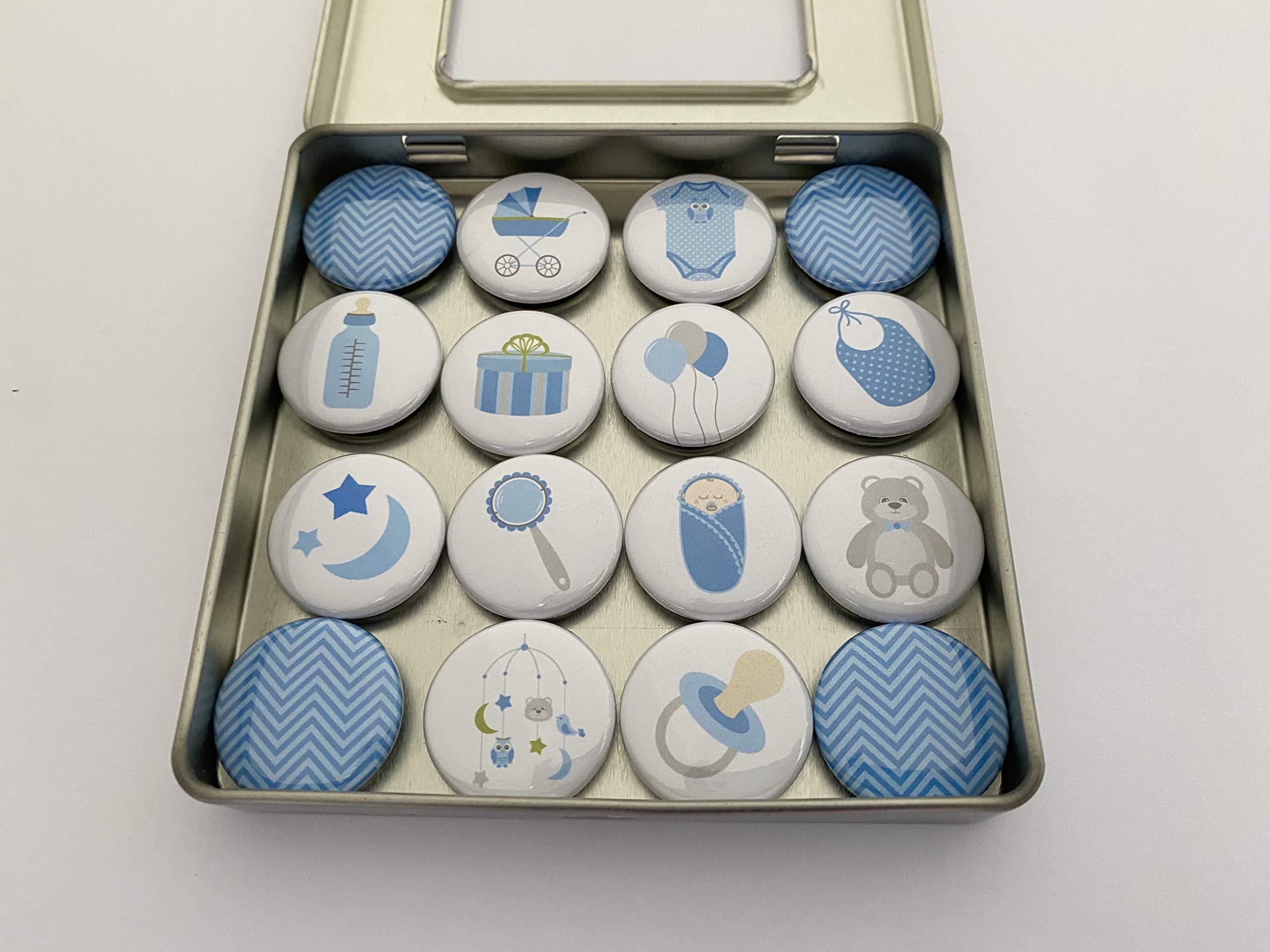 Baby Boy 16 Magnet Set with 1-inch magnets in a 4-inch square tin