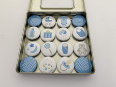 Baby Boy 16 Magnet Set with 1-inch magnets in a 4-inch square tin