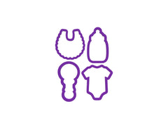Four shapes from Baby Cookie Cutter Set for baby shower cookies Onesie Baby Bottle Baby Bib Baby Rattle With Bow Purple/
