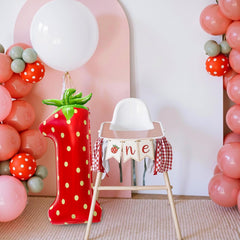strawberry 1st birthday balloon hanging photo prop