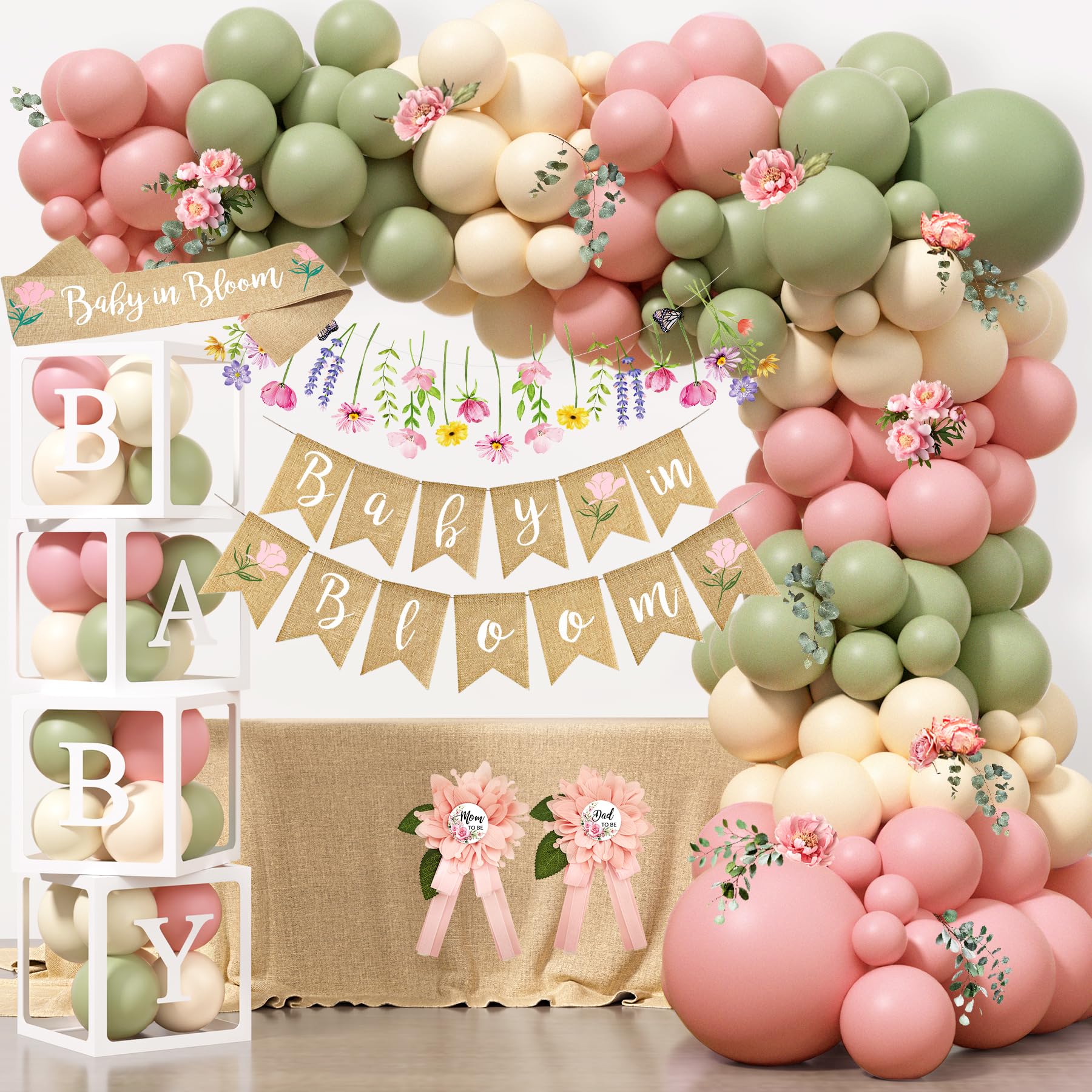 Baby in Bloom banner and 110pcs balloon garland kit for baby shower