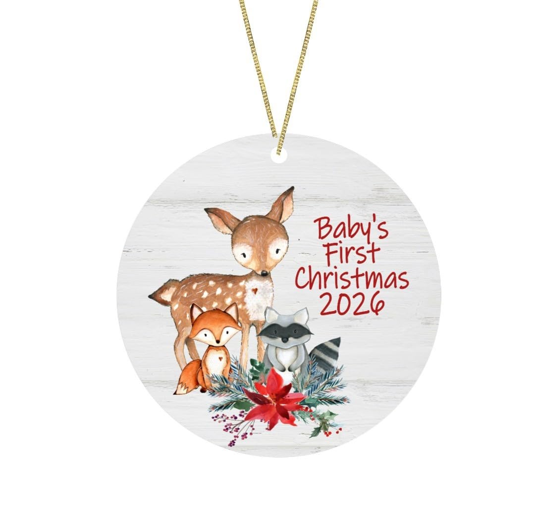 Baby's First Christmas 2026 Ornament Woodland Animals Theme metal double sided ornament