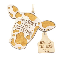 Baby's First Christmas Ornament rustic wooden cow in Western Ranch collection
