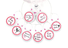 Eight white bottle cap wine charms with hot pink silver and clear beads on silver rings