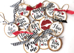 Back of ornament displays Made with Love stamp on wood slice