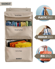 Three-compartment BAGNEAT bag holder for small bags reusable bags and grocery bags