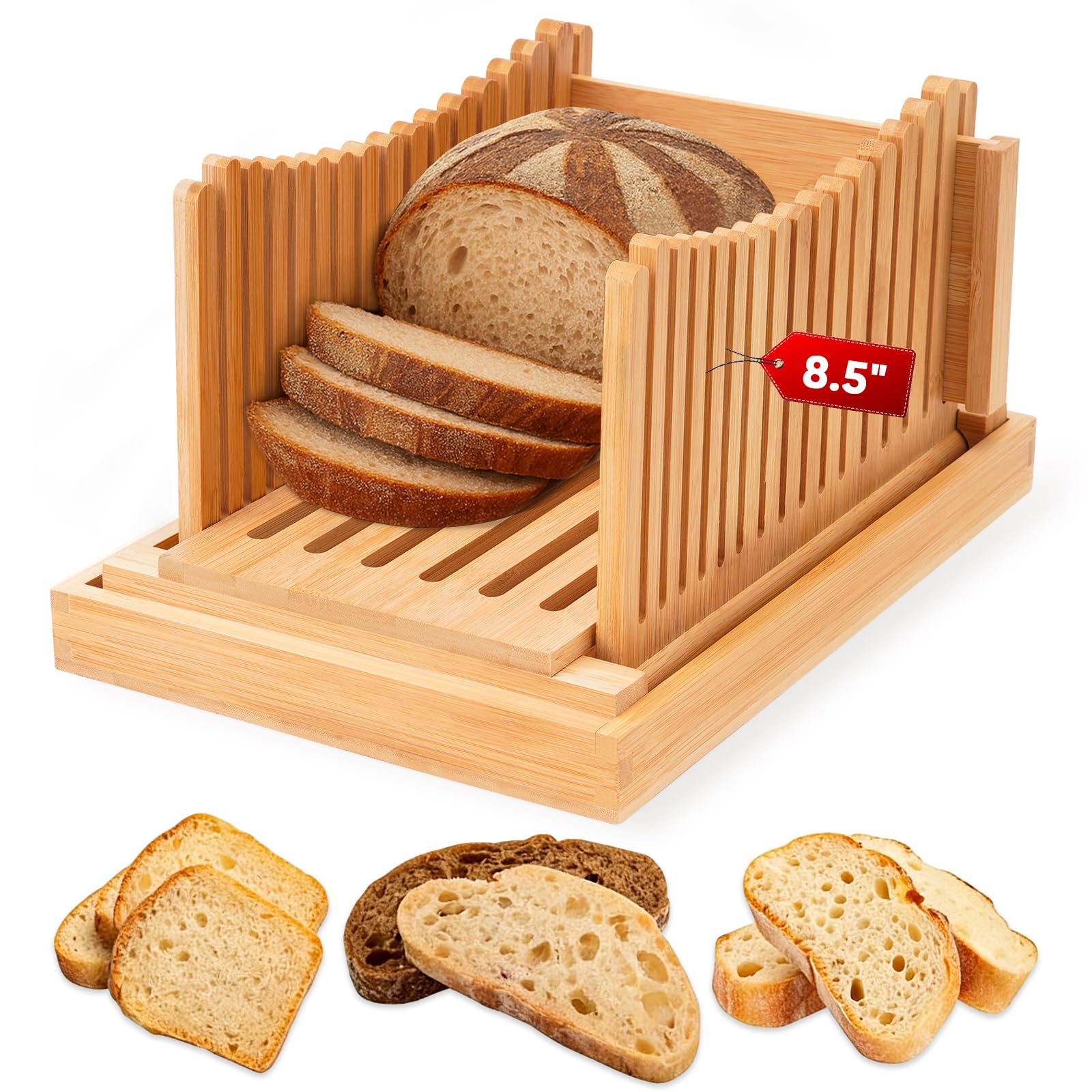 Bamboo bread slicer for homemade bread product image showing bamboo base