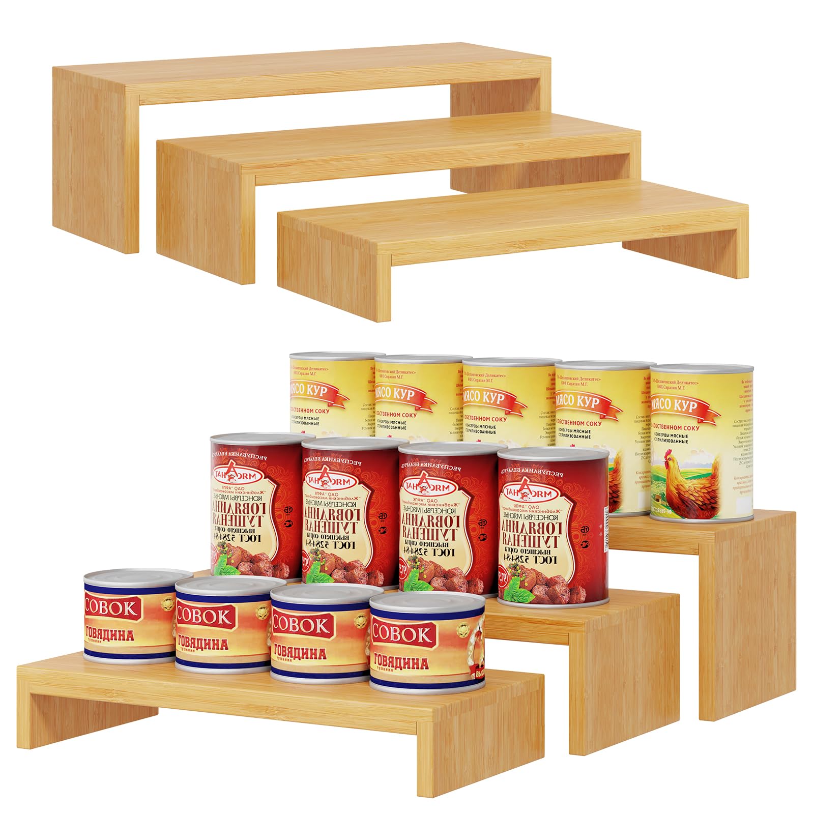 Bamboo Can Organizer for Pantry two sets in natural finish