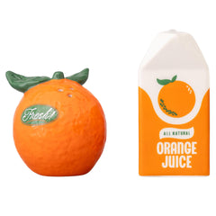 novelty fruit shape salt pepper shakers orange carton and round