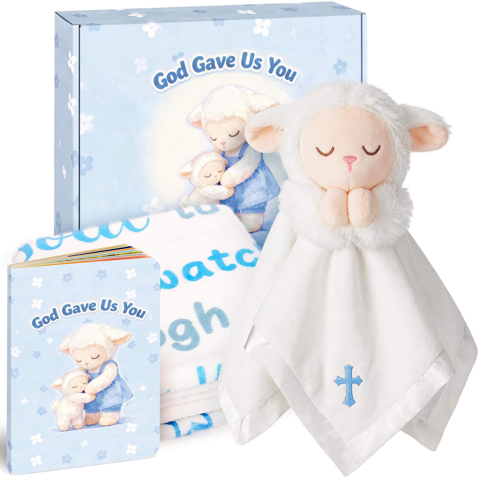12x12 soft lamb lovey with praying hands and cross embroidery