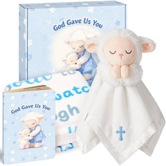 12x12 soft lamb lovey with praying hands and cross embroidery