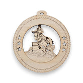 Barrel Racing Ornament featuring a female barrel racer in natural wood