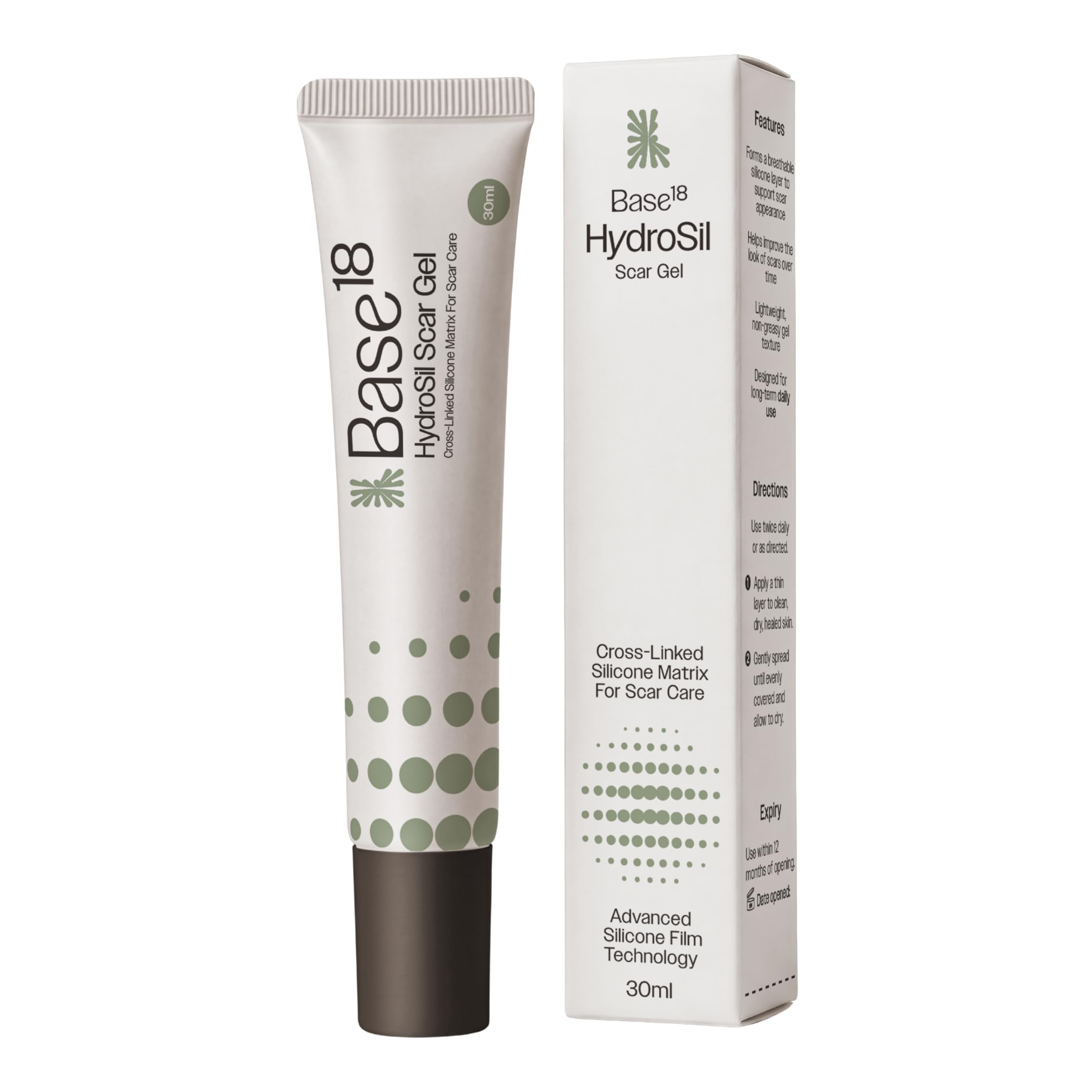Base18 HydroSil Scar Gel 30ml product packaging front