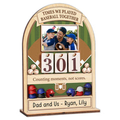 Baseball Memory Counter Sign on wood base with baseball field layout