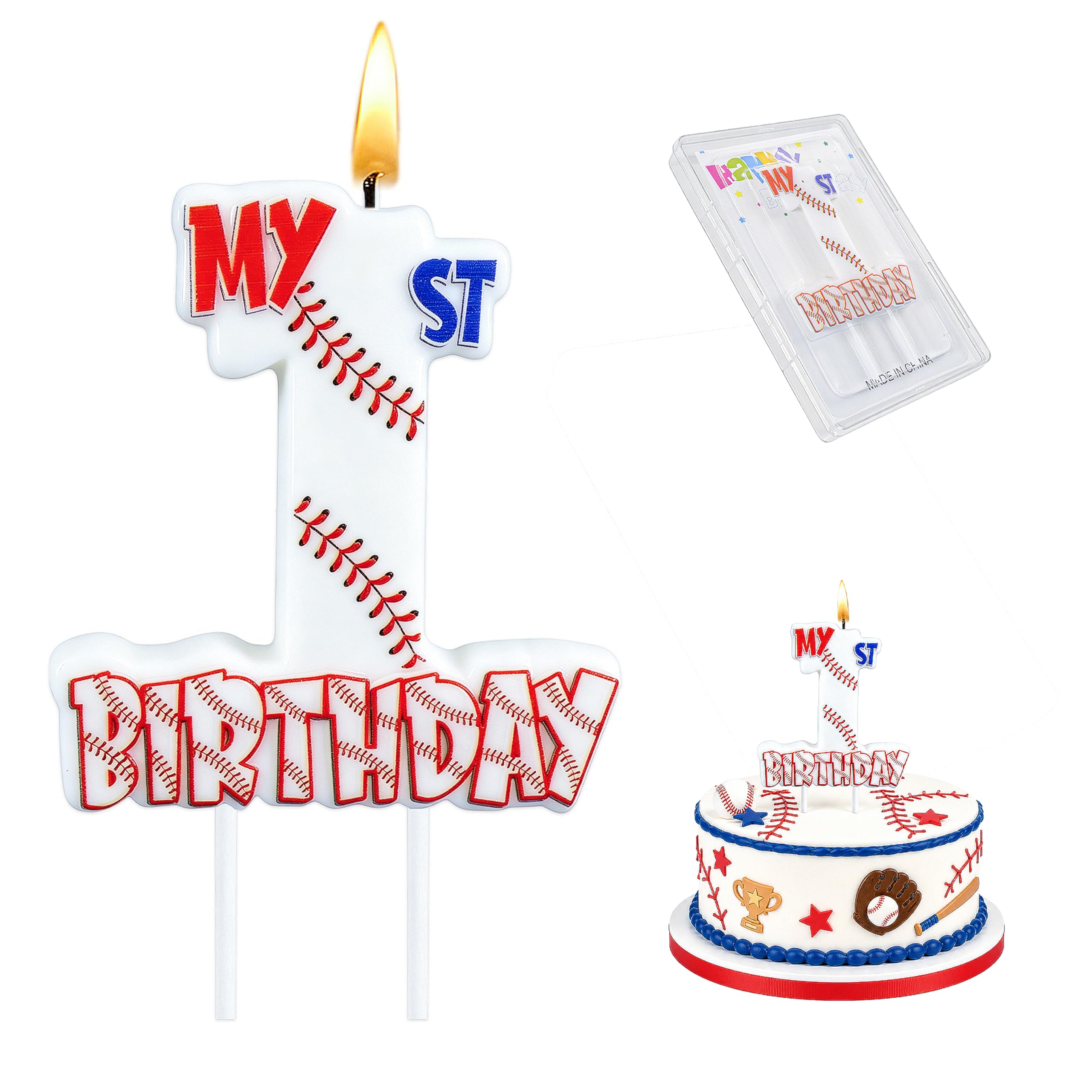 Baseball My 1st Birthday Number Candle with red stitching pattern