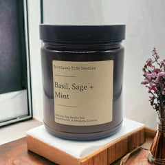 Cotton wick visible in Basil Sage Mint 8oz glass jar candle