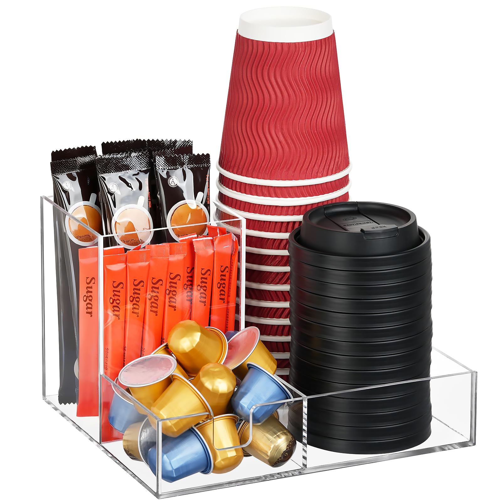Basysnck acrylic coffee bar organizer on countertop with three compartments