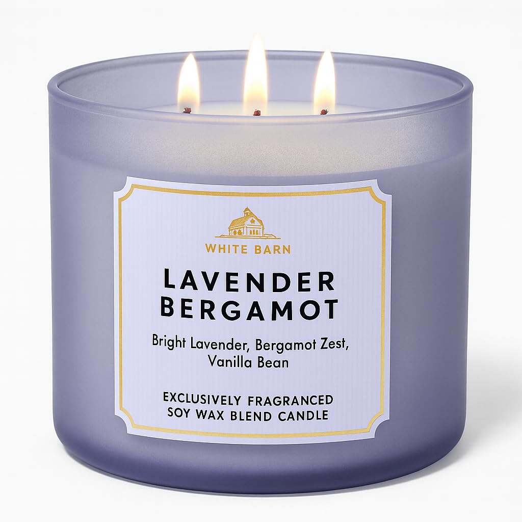 Bath & Body Works Lavender Bergamot 3-Wick Candle 14.5 oz in reusable glass jar with lid