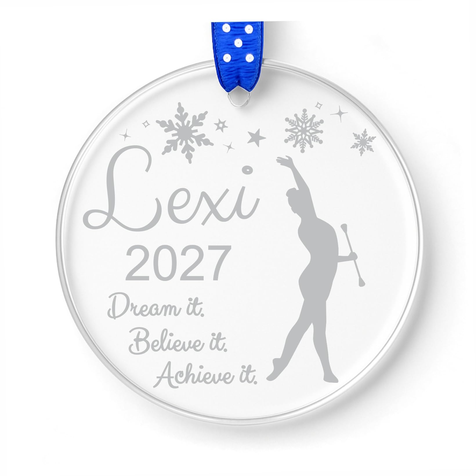 Baton Ornament clear acrylic laser engraved 3 inch diameter