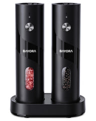 BAYORA automatic salt and pepper grinders on charging dock